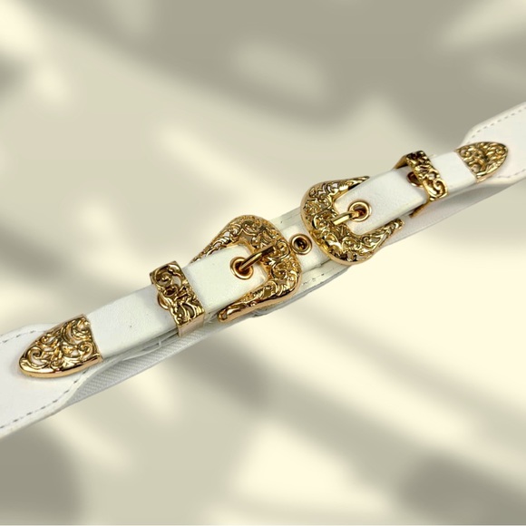 White & Gold Western Double Buckle Stretch Belt - Picture 3 of 5
